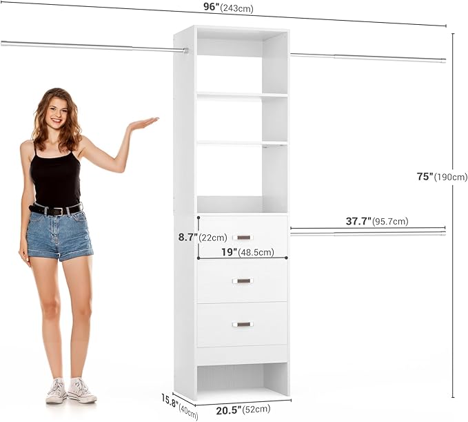 Besiost 96'' Closet Organizer System with 3 Hanging Rods, 8FT Closet Organizers and Storage with 3 Wooden Drawers, Built in Closet Organizer Systems, Adjustable Walk-in Wardrobe from 5-8FT, White