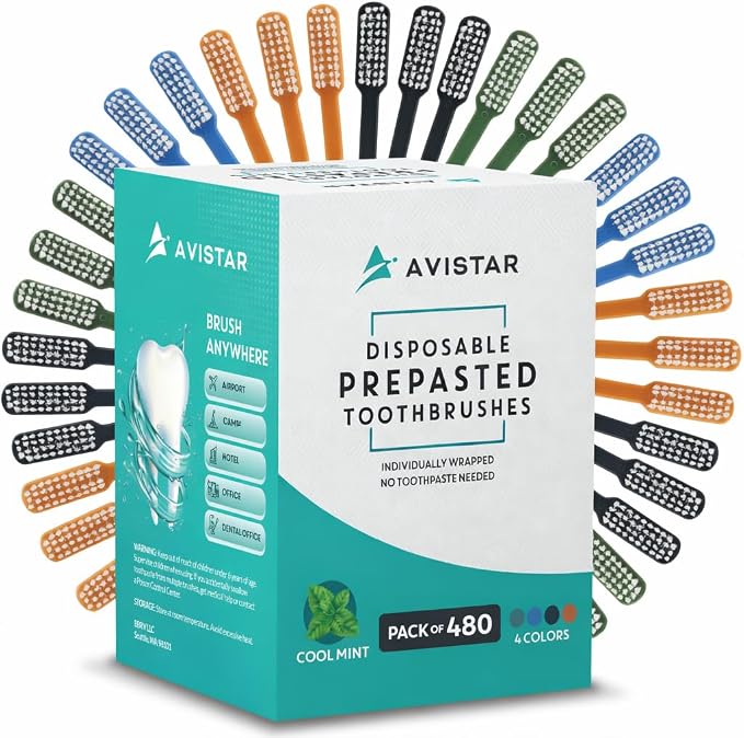 Avistar 480 Prepasted Disposable Toothbrushes Individually Wrapped - Single Use Pre Pasted Disposable Toothbrushes with Toothpaste Built in - Waterless Toothbrush for Travel, Guests, Hotel, & Camping