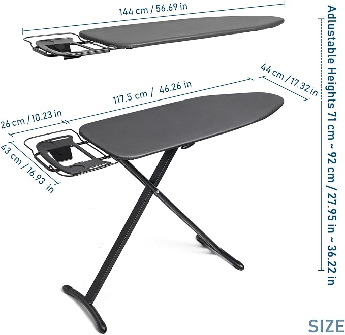 Duwee 17"x46" Ironing Board Full Size,Deluxe Ironing Board with Iron Rest | Heat Resistant Cover and Thicken Felt Pad, Adjustable Height,Heavy Sturdy Legs,Black