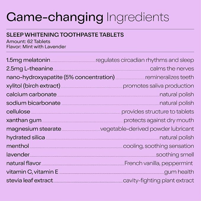 Duo Sleep Toothpaste Tablets, Melatonin and Nano Hydroxyapatite, 62 Count | Fluoride-free nHa tablets, gentle whitening, enamel remineralization, sensitivity relief, melatonin, L-theanine, plastic-free