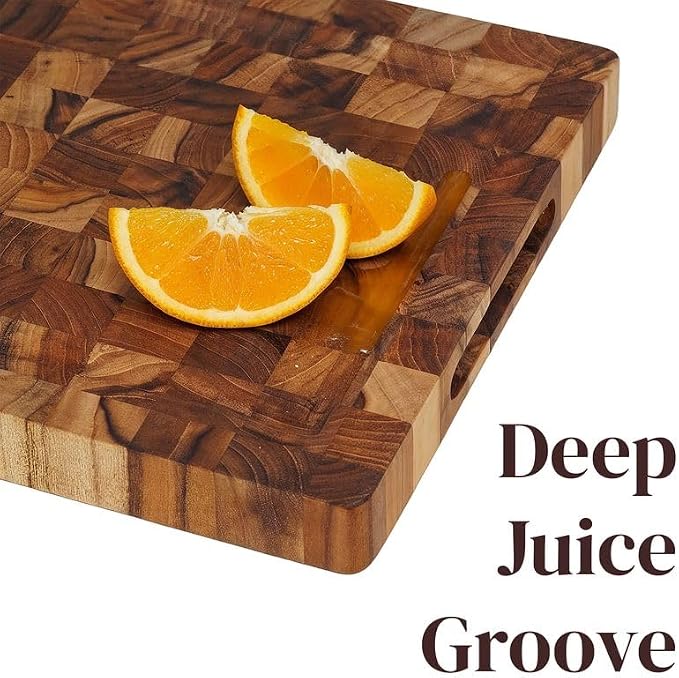 Premium End Grain Teak Cutting Board 12" x 8" x 1" with Handle & Juice Groove, Medium Thick Solid Non-toxic Wood Butcher Block for Meat, Fruit, Cheese & Kitchen Prep by New M Way