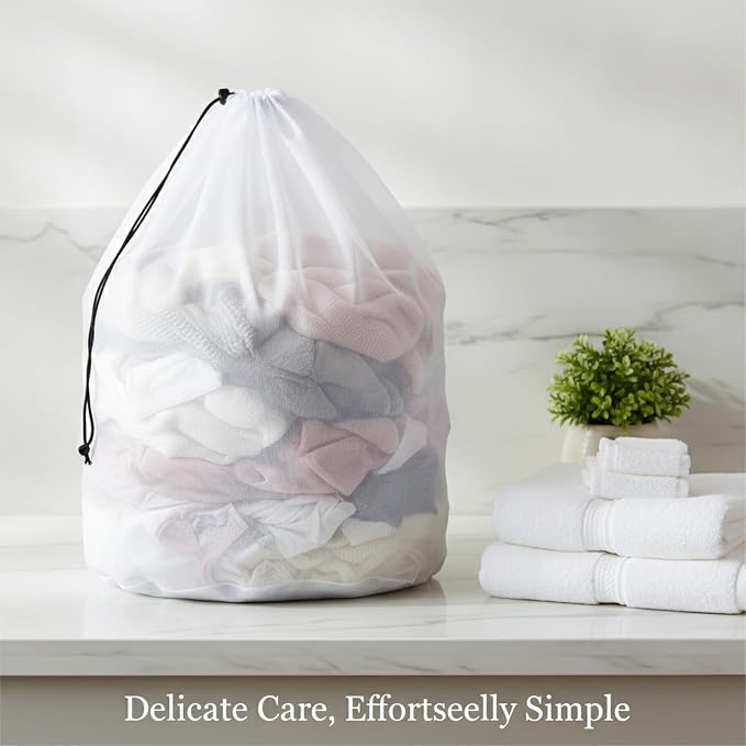 Laundry Mesh Bag with Drawstring, Polyester Net for Delicates, Lingerie, and Knits, White (1 PC)