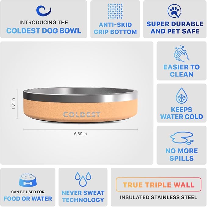 Coldest Dog Bowl - Anti Rust Metal, Non Slip, 3 Layers Insulated Stainless Steel Dog Bowls - Spill Proof & Heavy Duty - Water Bowl for Dogs, Cats & Pets, Dish Washer Safe (21 oz, Sahara Tan)