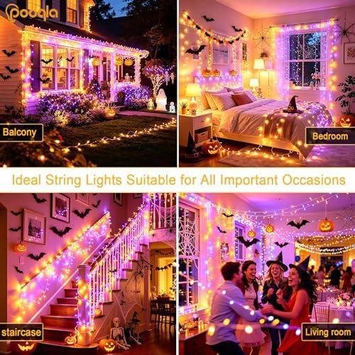 Pooqla 500 LED Orange Purple Halloween Lights Outdoor String Lights, 164 ft