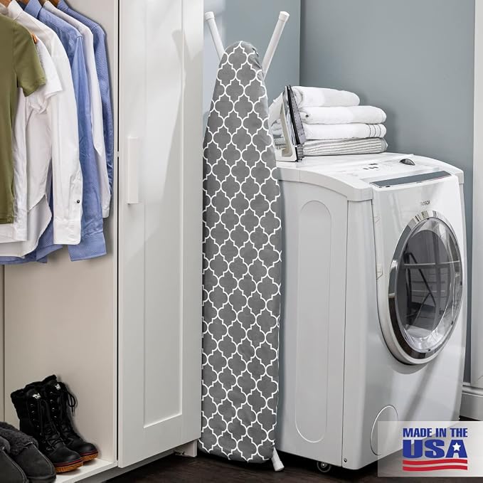 Full Size Ironing Board Made in USA – Gray Lattice by Seymour Home Products 4 Heavy-Duty Steel Legs Perforated Top for Steam Includes Cover & Pad Sturdy, Foldable Iron Board for Home & Laundry