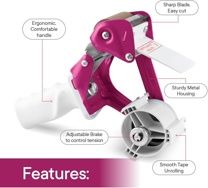 TAPEWELL Heavy Duty Metal Frame Packing Tape Dispenser Gun, 2 inch, Purple | Packing Tape Refills For Dispenser, Shipping Tape For Packing, Moving, Home & Office Use