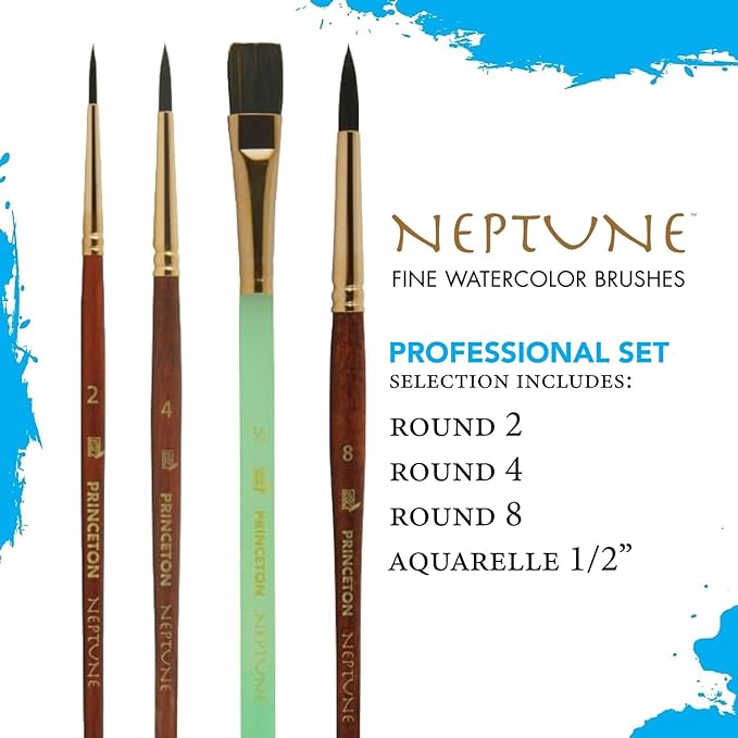 Princeton Neptune Watercolor Paint Brush Set, 4-Piece Professional Synthetic Brushes with Short Handles, Ultra-Soft & High-Absorbency Bristles for Watercolor & Fluid Media Painting