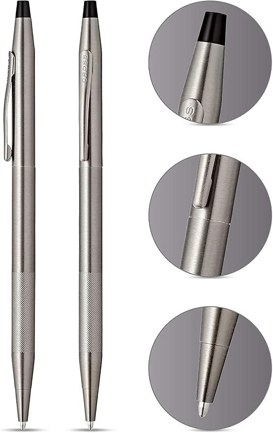 AT CROSS Cross Century Classic Titanium Gray finishes with a Band of Diamond Cut Micro-Knurl Detailing Barrel Ballpoint Pen and 0.7MM Pencil Set