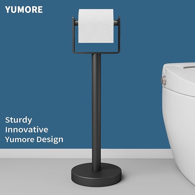 YUMORE Heavy Duty Toilet Paper Holder Stand, Extra-Weighted Base No Tipping, Stainless Steel Toilet Paper Stand, Free Standing Floor Tissue Roll Holder for Bathroom, Matte Black 200UP