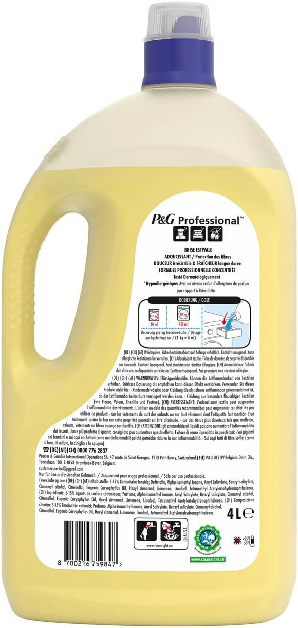 Lenor Professional Fabric Softener, 200 Washes, 4 Litres, Summer Breeze, Irresistible Softness and Long-Lasting Freshness, for Professional Use