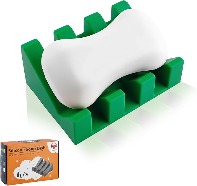 Self Draining Soap Dish Holder,Silicone Soap Dish,for Bathroom,Kitchen, Sponges，Can Extend Soap Life，Keep Soap Bars Dry and Easy Cleaning (Deep Green,1-Pack)