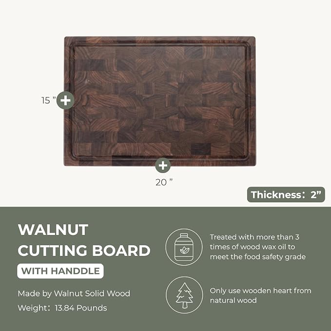 muso wood End Grain Cutting Board, Black Walnut Wood, 2" Thick Dual-Sided Wooden Chopping Board with Juice Groove & Handle - Idea for meat cutting, vegetable dicing, and fruit processing, 20 x 15 inch