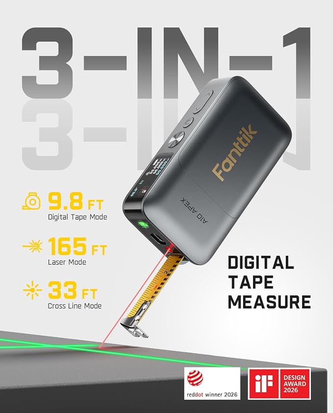 Fanttik A10 Apex 3-in-1 Digital Laser Tape Measure with HD Color Display, 165Ft Rechargeable Laser Measurement & 32Ft Green Cross Line Laser & 9.8Ft Tape, 6 Units, for Distance/Area/Volume/Leveling