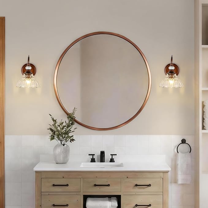 1 Piece Vintage Wall Sconce, 1-Light Matte Antique Red Bronze Finish Wall Sconce with Hanging Crystal Accents and Flower-Shaped Clear Shades for Bathroom Bedroom Living Room,Vintage Vanity Light