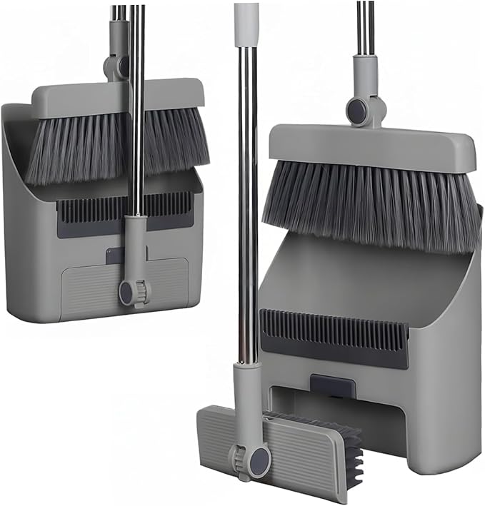 Broom with Dustpan, Broom Dustpan 3-in-1 90° Stand up Heavy Duty Dust Pan and Set with Long Handle 180° Rotation for Indoor & Outdoor Sweeping, Set
