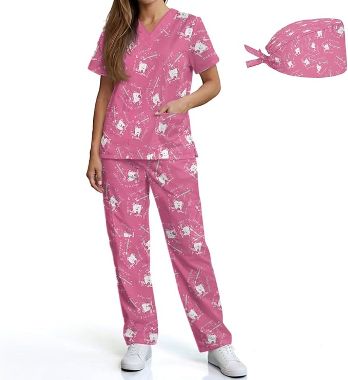 Gomyblomy Women's Scrubs Suit 3-Piece Set | Teeth Print V-Neck Top & Pants & Cap, Breathable and Stretch Fabric, S-5XL