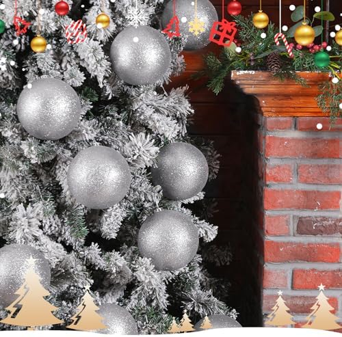 Poen 12 Pcs 6 Inch Large Glitter Christmas Ball Ornament, Silver