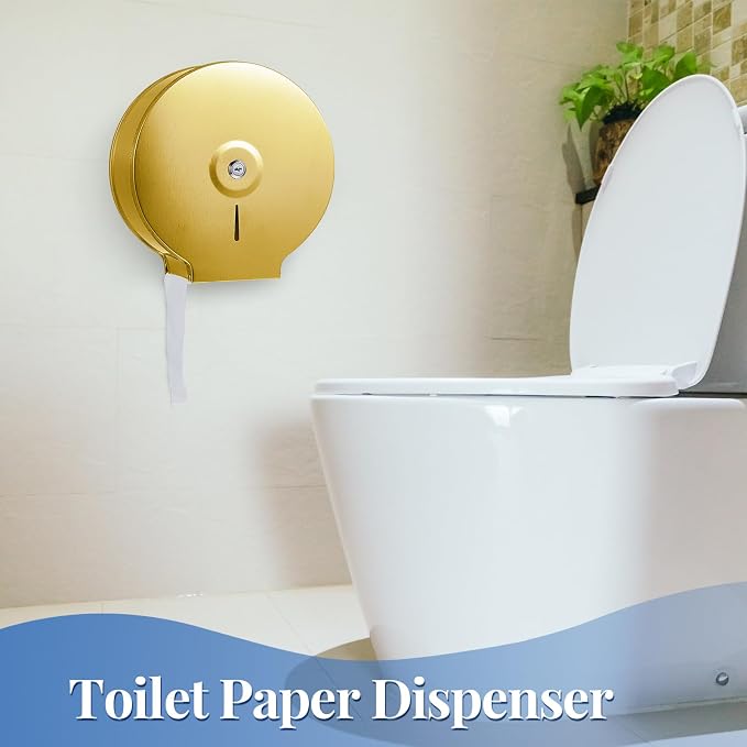 Mifoci 4 Pcs Industrial Toilet Paper Holder Commercial Roll Dispenser Wall Mount Stainless Steel Jumbo Tissue Dispenser Fits 9" Roll Toilet Paper for Office Home Public Places (Gold)