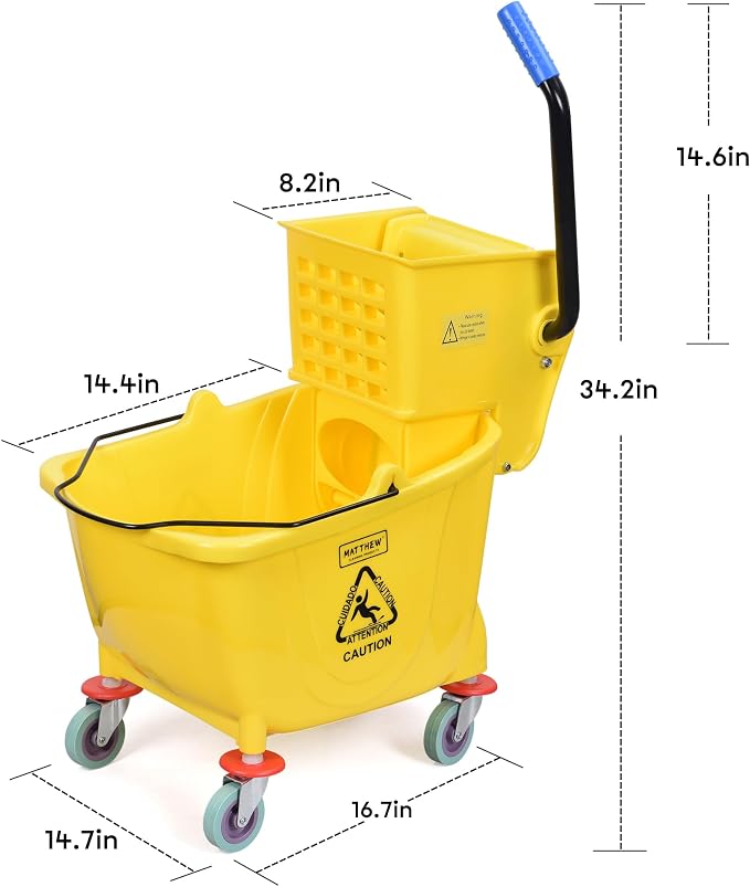 Matthew Cleaning 34 Quart Commercial Mop Bucket INCL.Wet String Mop with Side Press Wringer On Wheels,Heavy Duty Tandem Portable Floor Cleaning Wavebrake,Ideal for Household,Industrial,Restaurant