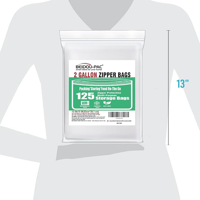 BEIDOU-PAC 2 Gallon Large Food Storage Freezer Bags, 125 Count | Double Zipper | 13" * 15", Freshness Easy Open Reclosable Clear Plastic Bags