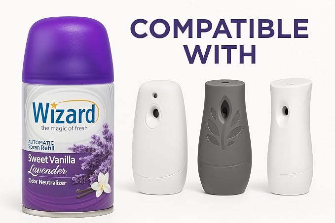 Wizard Automatic Spray Refill – Sweet Vanilla Lavender, 5 oz (12 Pack) | Compatible with Air Wick Freshmatic & Glade Dispensers | Long Lasting Odor Neutralizer for Home & Office