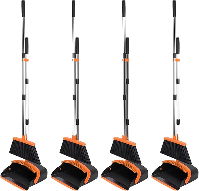 NACENA Broom and Dustpan Set, 52-in Long Adjustable Handle Broom Dustpan Combo with Dustpan Teeth to Automatically Clean Hair Suitable for Home Kitchen Office Hall Floor (Black&Orange), 4 Pack
