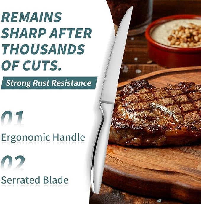 SuperCook Steak Knives Set of 6, Stainless Steel Steak Knife, Serrated Steak Knife Set, Dishwasher Safe Kitchen Steak Knives