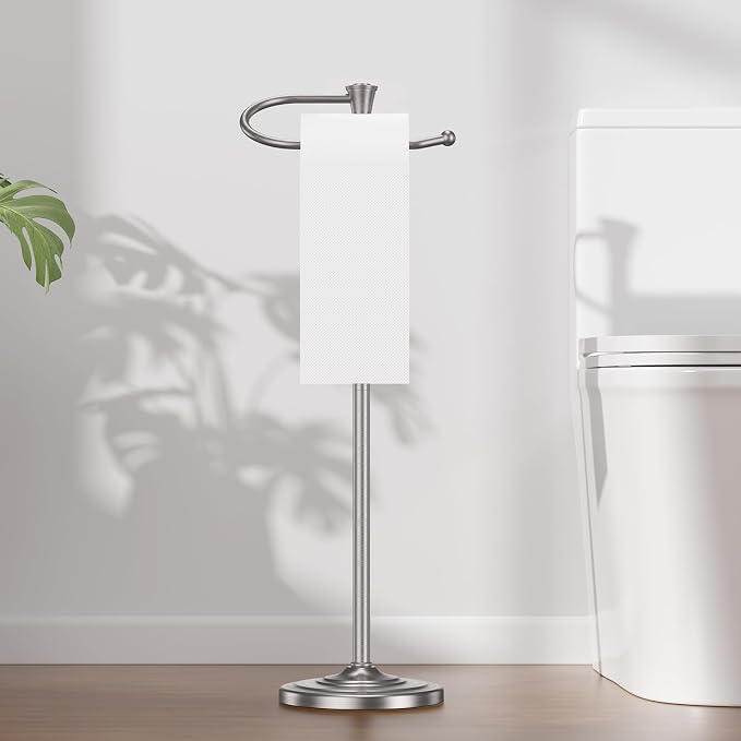 Toilet Paper Holder Free Standing, 25” H Stainless Steel Nickel Toilet Paper Stand, Weighted Base Floor Tissue Roll Holder for Bathroom,Toilet Roll Stand