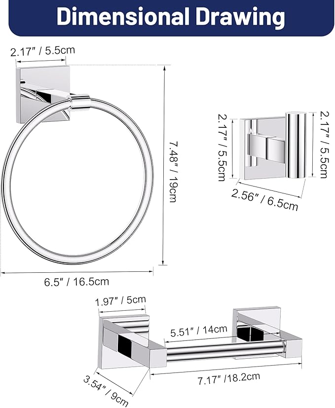 Towel Ring Set 4 Piece Bathroom Hardware Set Includes Towel Ring 2 Towel Hooks and Toilet Paper Holder Stainless Steel Wall Mounted (Polished Chrome)