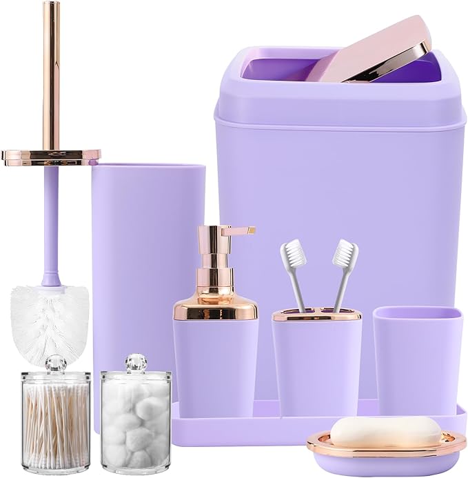 XLHOMO Bathroom Set, 9PC Bathroom Accessory Set, Purple Bathroom Accessories, Purple Bathroom Set, Trash Can, Soap Dispenser for Home Decor