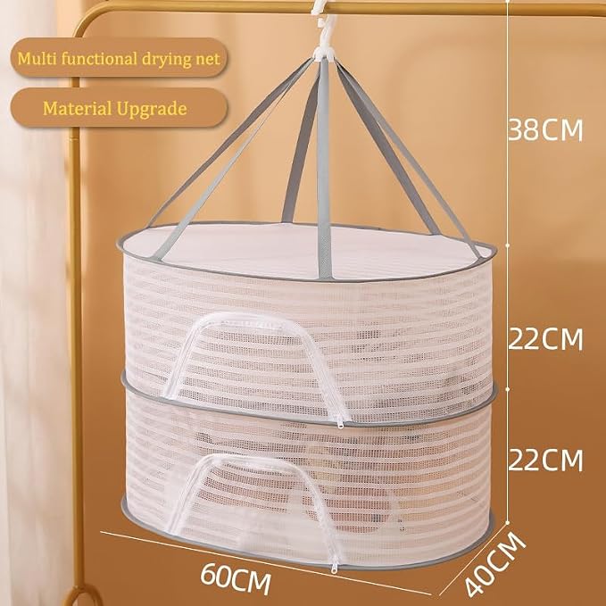 Foldable Drying Net for Vegetables, Fish, and Dehydrated Goods, Multi-tiered Food Drying Net, Versatile Drying Rack, Windproof Design, Zipper Closure for Insect Protection (White, Dual Layer)