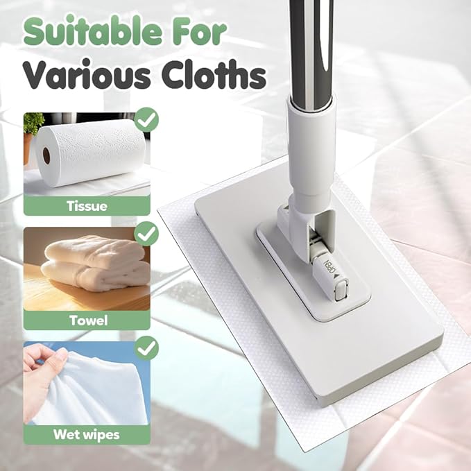 Hands Free Multi Purpose Flat Mop, 43'' Disposable Dust Mop with 10 Reusable Cloths, Multi Surface Cleaning Flat Dust Mop for Kitchen Wall Bathroom Toilet Corners (Mop+4cloths)