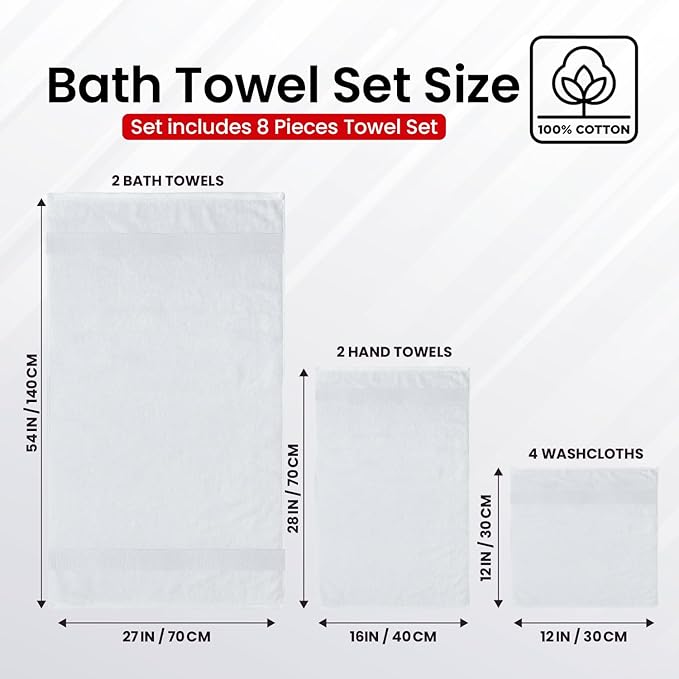 Infinitee Xclusives 100% Cotton Bath Towel Set – 8 Piece Bathroom Towel Set | (2 Bath Towels, 2 Hand Towels, 4 Washcloths) – Soft & Absorbent Towels for Bathroom - Gym, Shower, Spa & Hotel Use