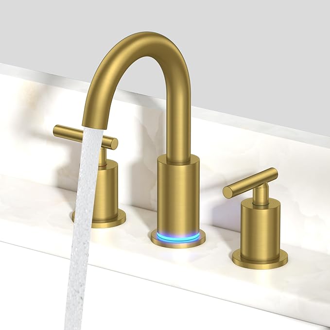 FORIOUS LED Bathroom Faucet Gold, 3 Hole Bathroom Faucet Brushed Gold Widespread with 3 Color Changing Light, Metal Pop Up Drain, CUPC Supply Hose and 360° Swivel Spout, 3 Pieces Wide LED Tap