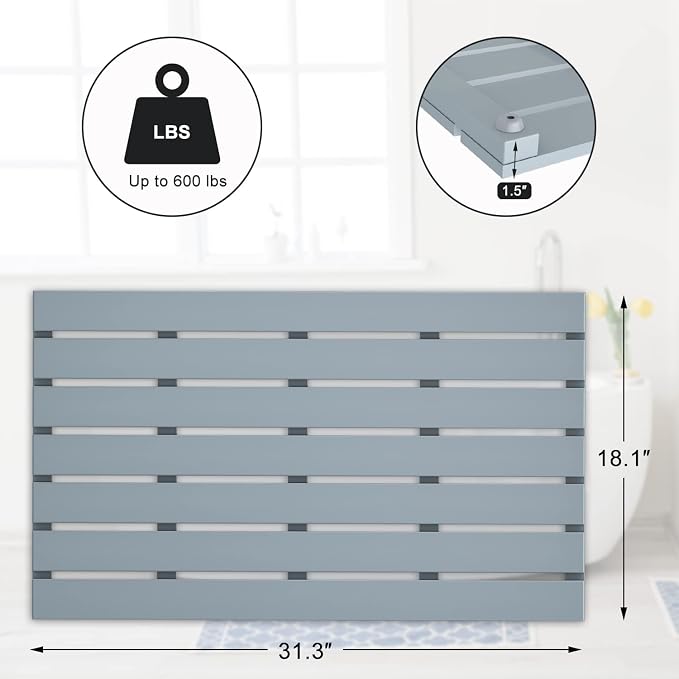 Bamboo Wooden Bath Floor Mat for Luxury Shower - Non-Slip Bathroom Waterproof Carpet for Indoor or Outdoor Use (Bluish Grey,31.3 x 18.1 x 1.5 Inches)