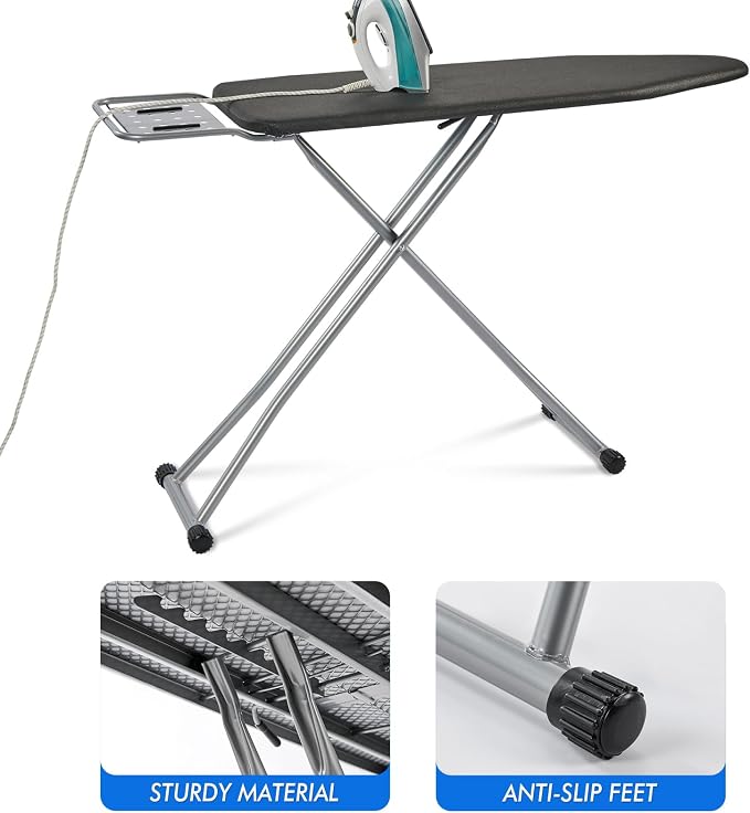 BKTD Ironing Board, Heat Resistant Cover Iron Board with Steam Rest, Non-Slip Foldable Ironing Stand. Heavy Sturdy Metal Frame Legs Iron Stand(13 * 34 * 53 Inches) (Silver Black)
