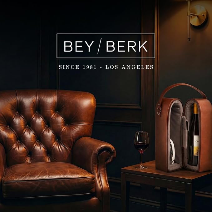 Bey-Berk Genuine Leather Two-Bottle Wine Caddy with Bar Tool (Black), Zippered Travel Case with Strap Handle for Wine Transport and Gifting