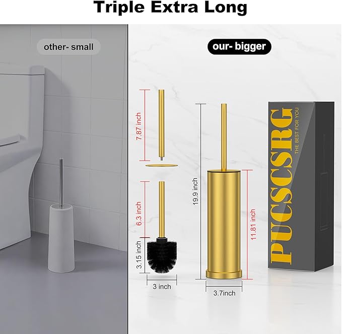 Brass Gold Toilet Brush and Holder Set，Stainless Steel Heavy Duty Toilet Bowl Brush，Extra Long Handled Modern Toilet Cleaner Brush with Replaceable Head, Removable Inner Bowl, and Splash Protection