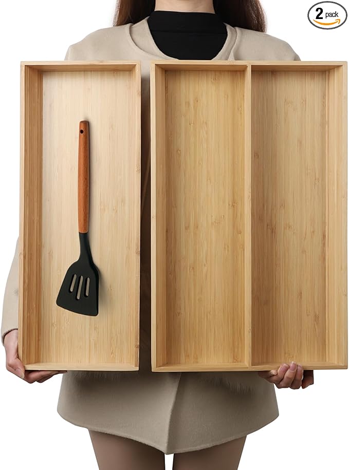 BAMOTTO CRAFTBAMBOO V-Shaped 2-Pack 19.6" Long Bamboo Drawer Organizer Box - Easy Reach Kitchen Utensil Flatware Silverware Cooking Tools Storage for Home Bedroom Bathroom (19.6"x12.4"/19.6"x7.8")