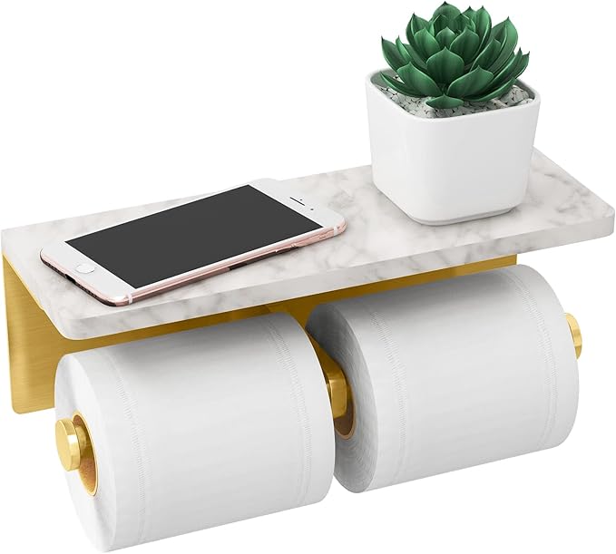 Gypie Brushed Gold Toilet Paper Holder with Marble Shelf, Double Rolls | Toilet Paper Holder with Storage, Toilet Paper Wall Mount for Bathroom Washroom