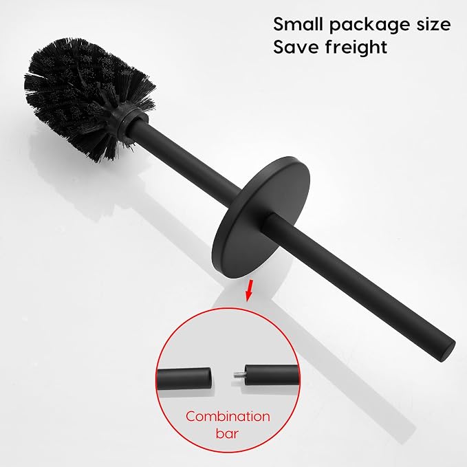 Toilet Bowl Brush and Holder, Black | 304 Stainless Steel, No-Punch Hook Base, Removable Inner Bucket, Splash Cover, Soft Bristles