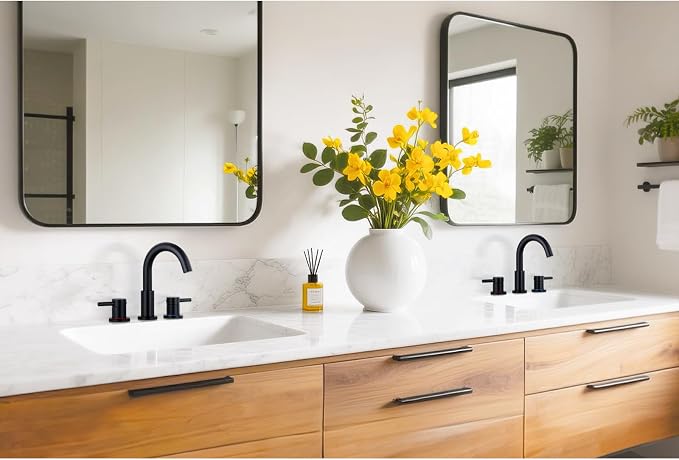 Bathroom Faucet 3 Hole, Matte Black Bathroom Sink Faucet with Pop Up Drain, 8 Inch Widespread Bathroom Faucet with 360° Swivel Spout, 2 Handle Vanity Faucet with Water Supply Hoses (2 Pack)