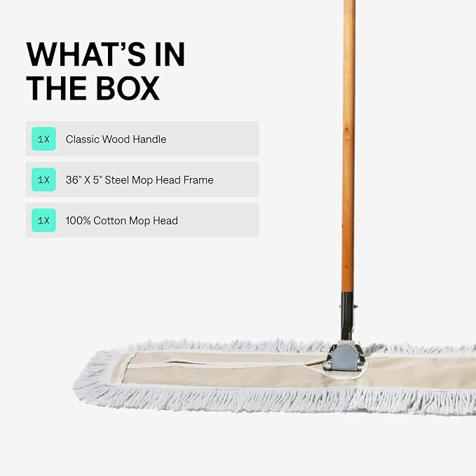 Commercial Dust Mop & Floor Sweeper, 36 in. Dust Mop for Hardwood Floors, Cotton Mop Head, Wooden Broom Handle, Industrial Dry Mop for Floor Cleaning & Janitorial Supplies