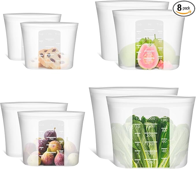 8-Pack Reusable Silicone Food Storage Bags, 100% Silicone Stand-Up Wide-Open Zip-Lock Reusable Storage Bags for Food, Freezer Microwave Oven Dishwasher Safe, Translucent, 2XL(0.8 Gallon) 2M 2S 2XS