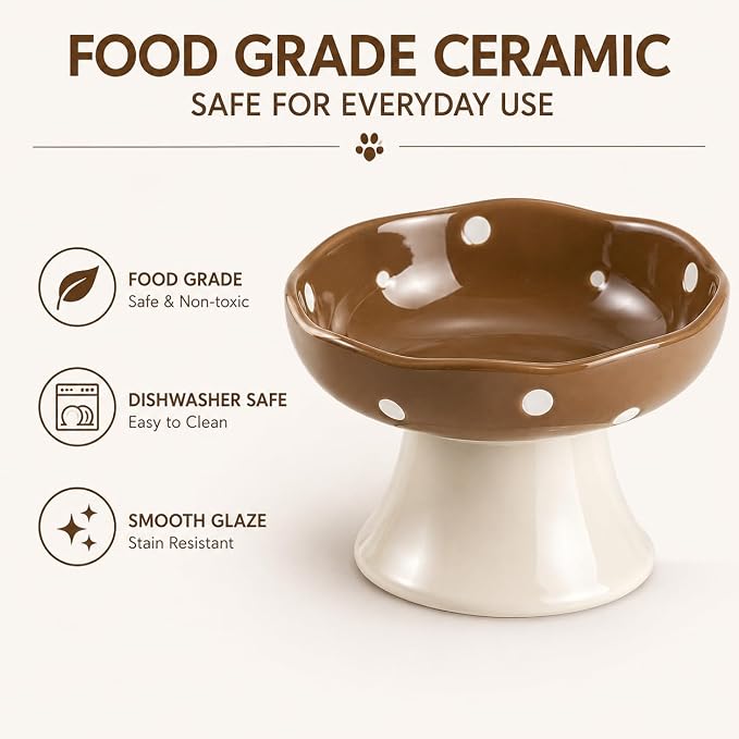 Brown Mushroom Cat Bowl, Elevated Ceramic Bowl for Cats | Cute, Elevated, Ceramic, Whisker Friendly, Dishwasher Safe