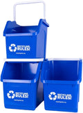 Recycling Rules! 6 Gallon Stackable Recycling Bin Container in Blue, Eco-Friendly BPA-Free Handy Recycler with Handle, 3-Pack