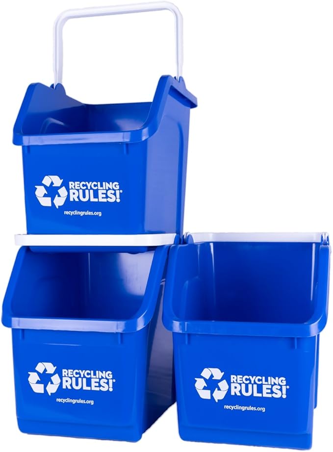 Recycling Rules! 6 Gallon Stackable Recycling Bin Container in Blue, Eco-Friendly BPA-Free Handy Recycler with Handle, 3-Pack