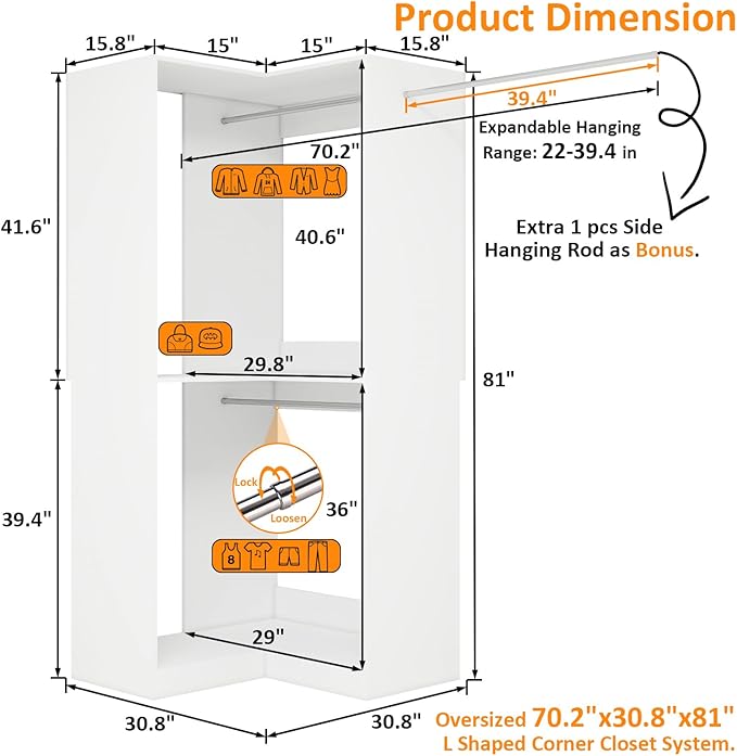 Vomavex Corner Closet System with 3 Hanging Rods, 30.8”-70.2” L Shaped Freestanding Closet Organizer for Walkin Closet, Corner Wardrobe, White