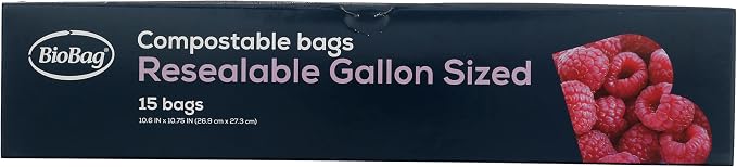 BioBag 100% Certified Compostable Resealable Food Storage Bags, 180 Count, Gallon, Perfect for Refrigerator or Freezer