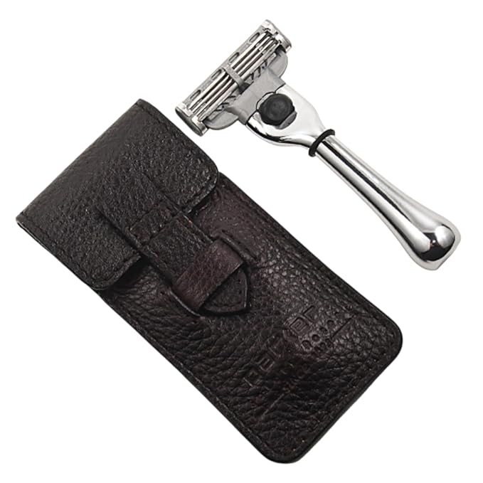 Parker Travel Razor – Compatible with Gillette® Mach3® Cartridges – Compact Chrome Brass Handle with Premium Buffalo Leather Case for Men’s Grooming & Travel